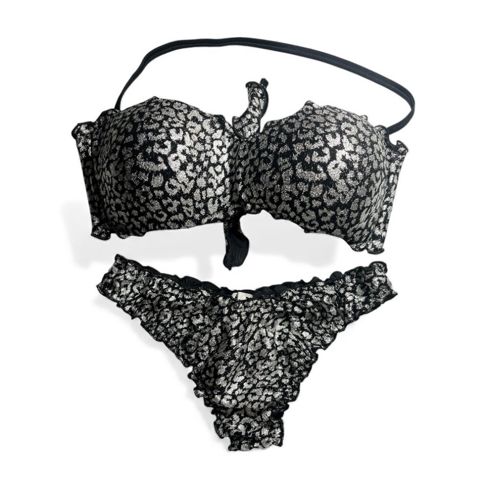 Calzedonia Black Bikini with Silver Metallic Pattern – Top & Bottom MED
